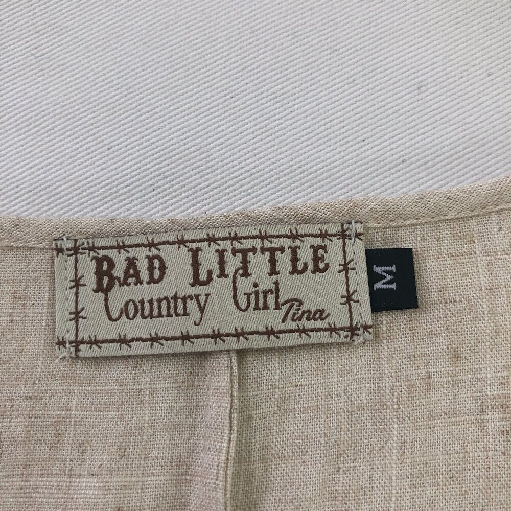 Bad Little Country Girl Tina Linen Blend Dress Crochet Fringe Hem Medium Boho - Picture 2 of 10